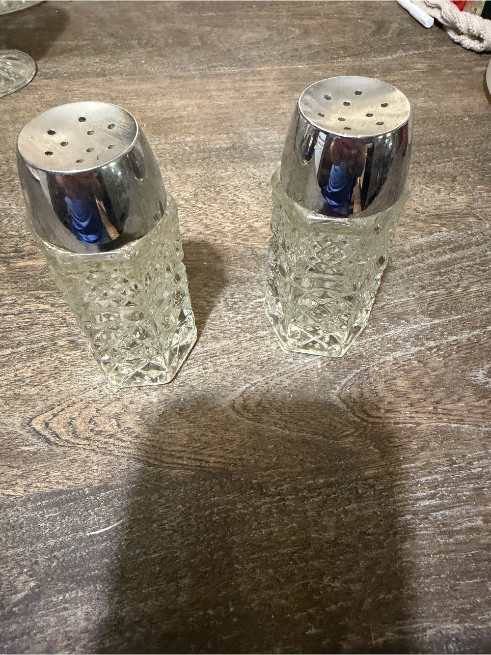 Clear Cut Glass Salt and Pepper Shakers with Silver Tops. Anchor Hocking